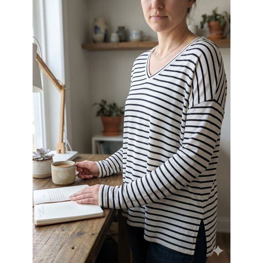 American Eagle Soft & Sexy Tee Womens S White Black Stripe V Neck Long Sleeve